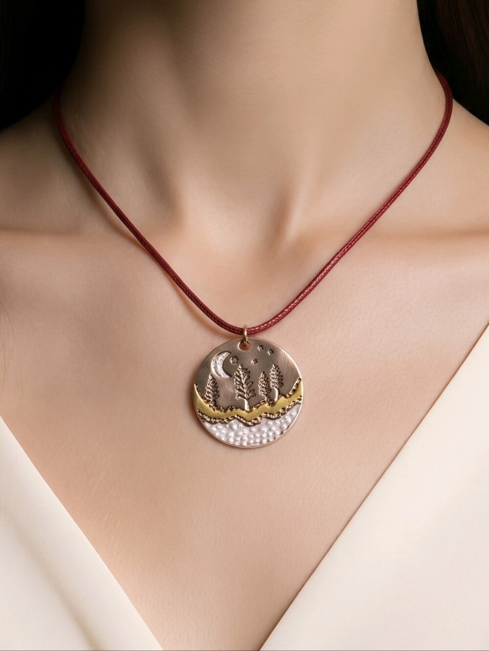 Mountain Forest Copper Pendant Necklace – Engraved Landscape Outdoorsy Charm